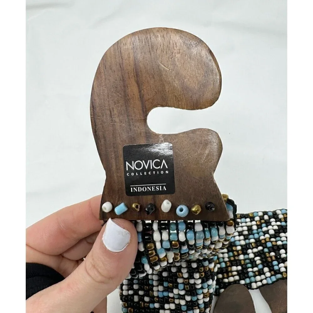 Novica Collection Indonesia Blue White Black Bronze Beaded Wooden Stretch Belt